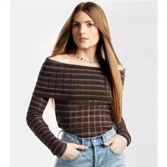 NWT Free People Brown Stripes Off The Shoulder Top - Picture 1 of 7